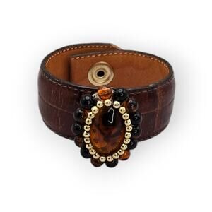 Amber Glass Brown Leather Cuff Bracelet Espresso Luxe Dark Feminine